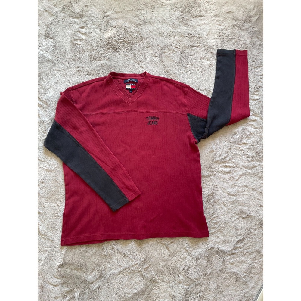 Vintage Tommy Hilfiger Jeans Mens Red Gray V-Neck Sweatshirt Sweater‎ Size L